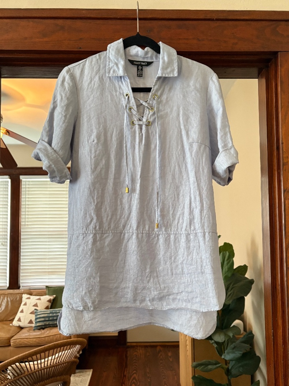 Light Blue Linen Lace-Up Tunic Top